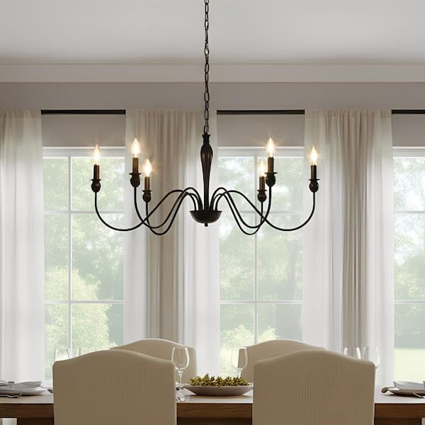 YANSUN Modern Farmhouse Dining Room Chandelier 6-Light Mattle Black Large Island Candlestick Chandelier Pendant