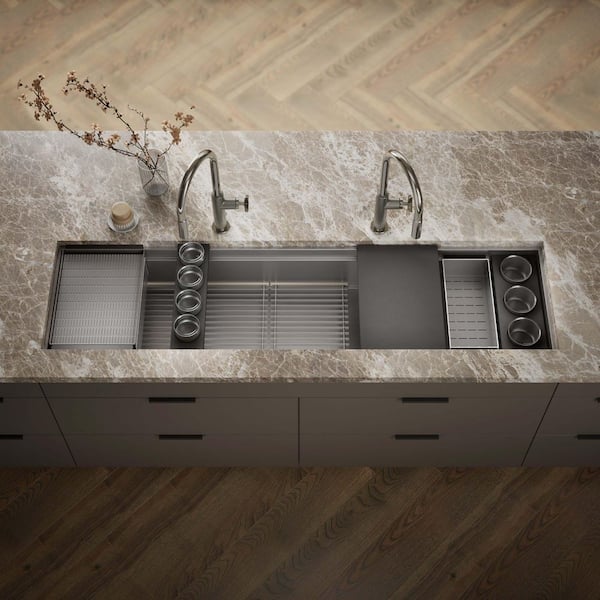 Synthos 69.75 in Undermount Single Bowl Stainless Steel Workstation Kitchen Sink with Paper Composite Accessory Bundle