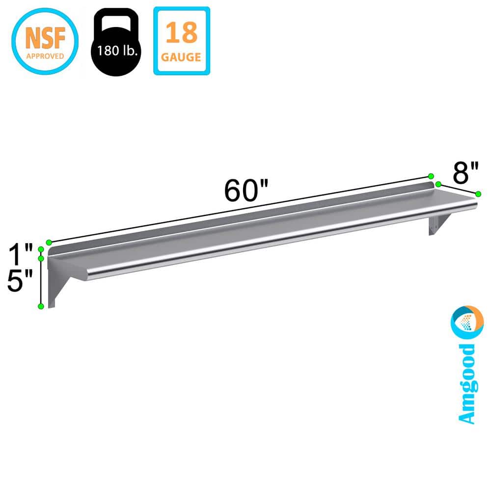 60-Inch Stainless Steel Wall Shelf with Brackets