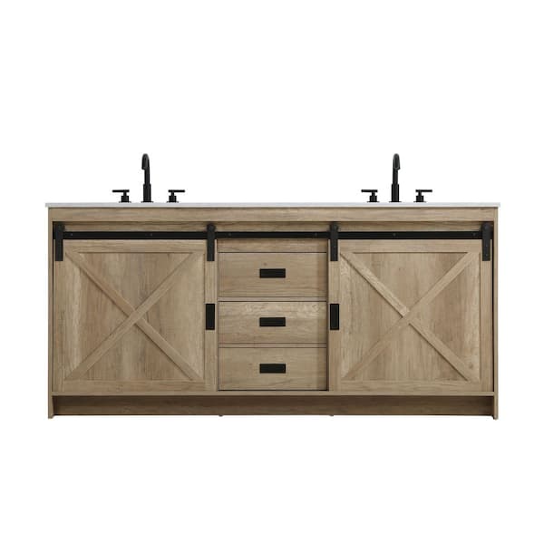 72 in. Double Sink Natural Oak Bath Vanity with White Engineered Marble Top