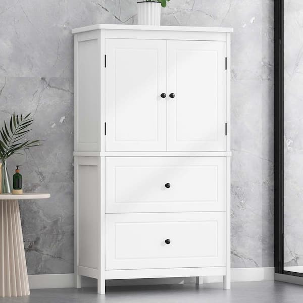 White 43.3 in. H Accent Cabinet, Bathroom Storage Cabinet with 2 Doors and Drawers, Adjustable Shelf
