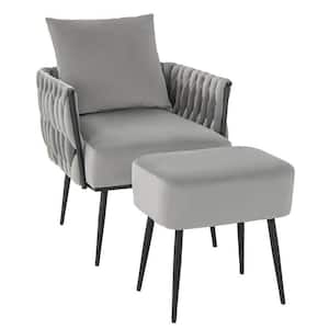 Modern Gray Metal Dutch Velvet Accent Chair and Ottoman Set Single Leisure Sofa Chair