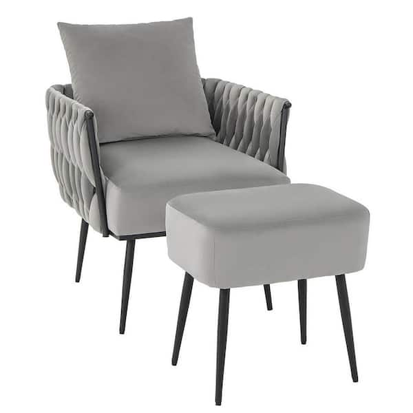 Gymax Modern Gray Metal Dutch Velvet Accent Chair and Ottoman Set Single Leisure Sofa Chair