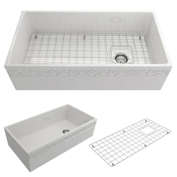 BOCCHI Vigneto Farmhouse Apron Front Fireclay 36 in. Single Bowl Kitchen Sink with Bottom Grid and Strainer in White