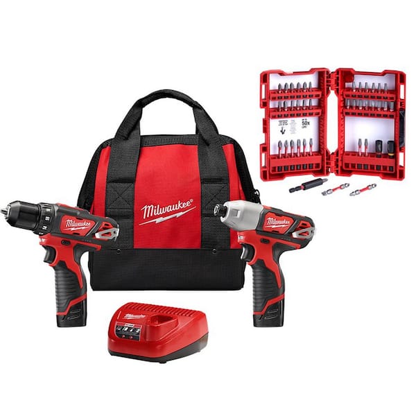 Milwaukee M12 12V Lithium-Ion Cordless Drill Driver/Impact Driver Combo Kit (2-Tool) w/ Impact Duty Driver Bit Set (40-Piece)