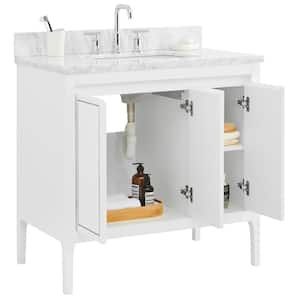 Exeter 36 in. W x 21 in. D x 34 in. H Single Sink Bath Vanity in White with Carrara Marble Top and Ceramic Basin