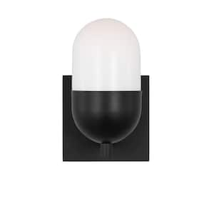 Foster 5 in. 1-Light Midnight Black Small Vanity Light with Milk Glass Shade