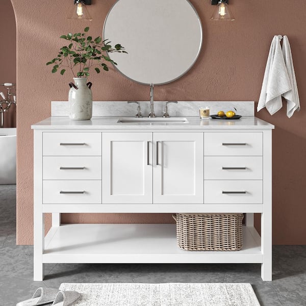 ARIEL Magnolia 55 in. W x 22 in. D x 36 in. H Bath Vanity in White with Carrara Marble Vanity Top in White with White Basin