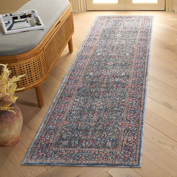 Crimson 2 ft. x 8 ft. Blue/Black Border Floral Runner Rug