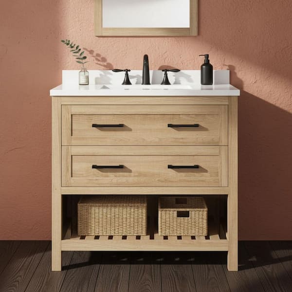 Autumn 36 in. Single Sink Weathered Tan Bath Vanity with White Engineered Stone Top (Assembled)