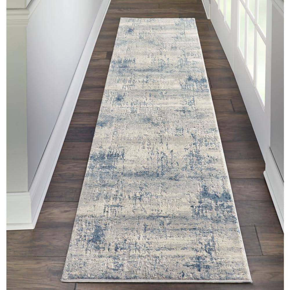 Ivory Blue Abstract Rustic Textures Runner Rug