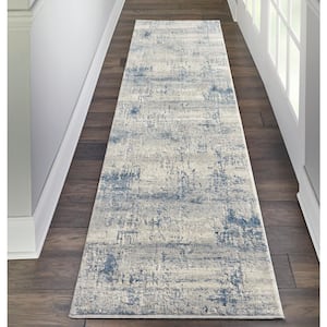 Rustic Textures Ivory/Blue 2 ft. x 8 ft. Abstract Contemporary Kitchen Runner Area Rug