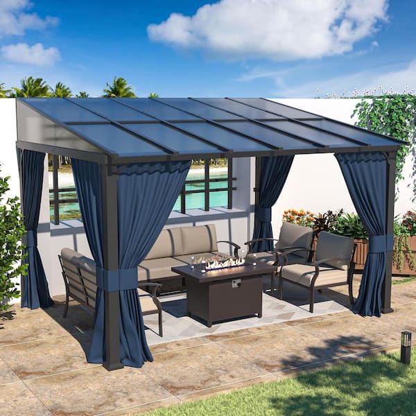 10 ft. x 12 ft. Brown Hardtop Wall Mounted Gazebo with Sloping Pitched Roof and Curtain Navy Blue