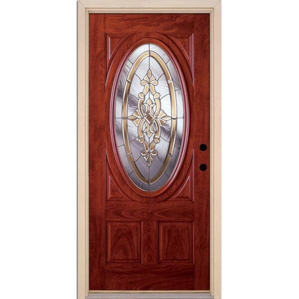 Feather River Doors 37.5 in. x 81.625 in. Silverdale Zinc 3/4 Oval Lite Stained Cherry Mahogany Left-Hand Fiberglass Prehung Front Door