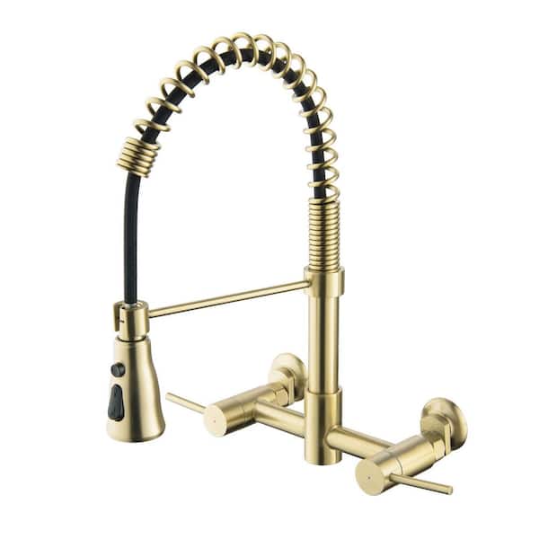 WELLFOR Double Handle Gooseneck Bridge Kitchen Faucet with Pull down Sprayhead in Brushed Gold Wall Mount Faucet
