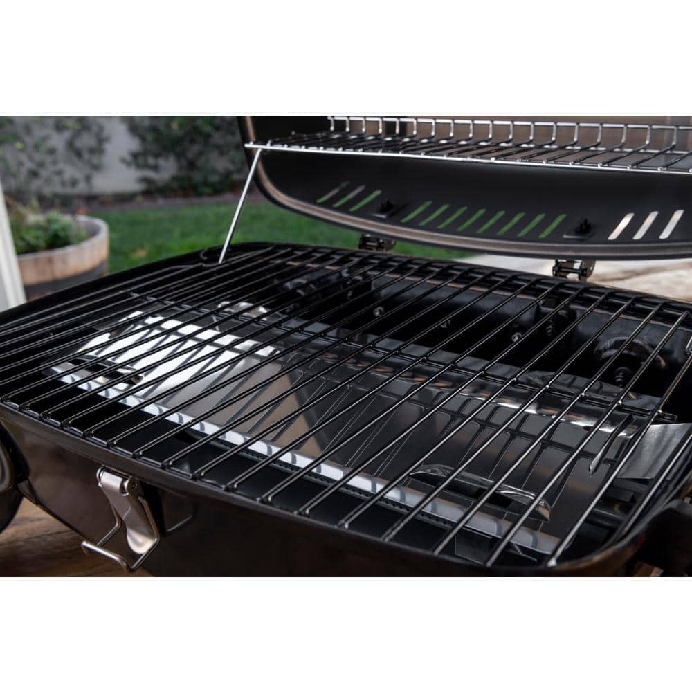 Compact Black Steel Propane Gas Tabletop Grill with Smoker
