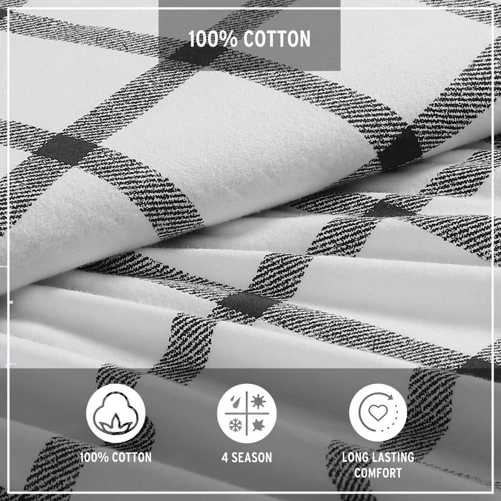 Gray Plaid Cotton Flannel Twin Sheet Set with Deep Pockets