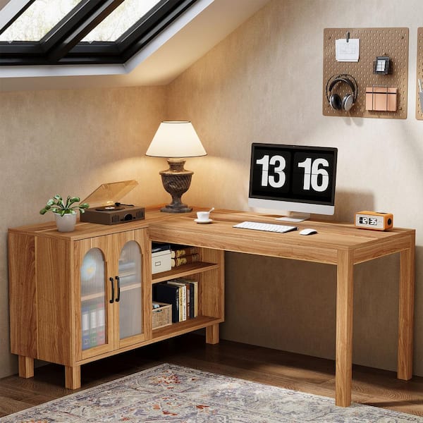 Halseey 59 in. L-Shaped Brown Wood Corner Computer Desk with Storage, Shelves, and Doors Home Office Working Study