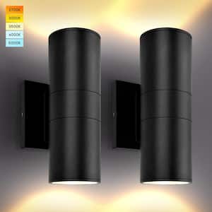 Matte Black Cylinder LED Up and Down Outdoor Hardwired 5CCT 20W 1800 Lumens ETL Wall Scone with No Bulbs Included 2 Pack