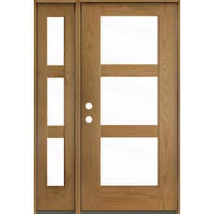 BRIGHTON Modern 50 in. x 80 in. 3-Lite Right-Hand/Inswing Clear Glass Bourbon Stain Fiberglass Prehung Front Door LSL