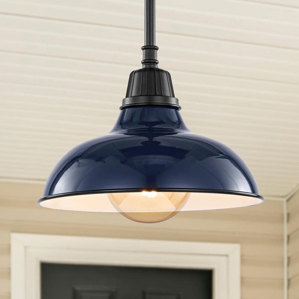 JONATHAN Y Jasper 12.25 in. 1-Light Navy Farmhouse Industrial Indoor/Outdoor Iron LED Pendant