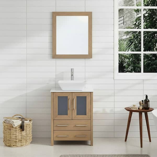 24 in. W Single Basin Natural Oak Bath Vanity with White Engineered Marble Top and Mirror