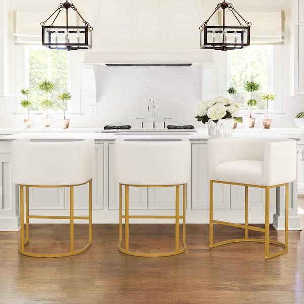 26 in. Beige and Gold Low Back Bar Stool with Metal Frame Counter Height Linen Fabric Counter Stool(Set of 3)