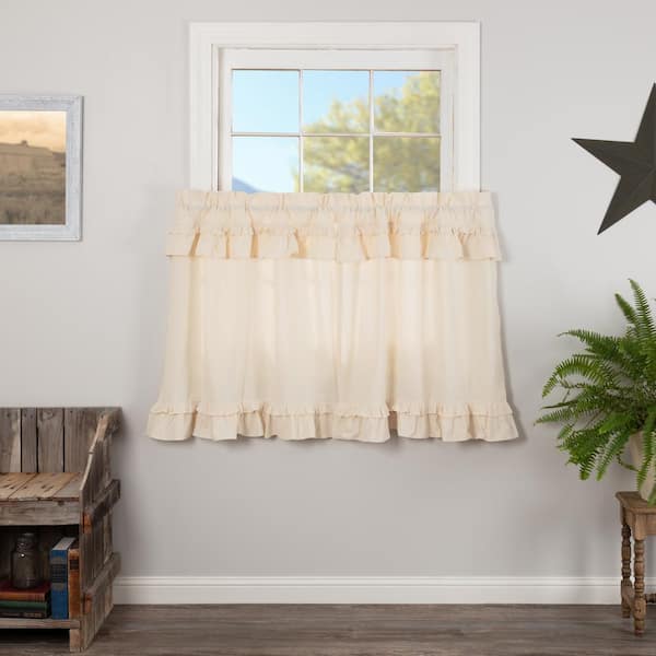 VHC BRANDS Muslin Ruffled 36 in. W x 36 in. L Light Filtering Tier Window Panel in Unbleached Natural Pair