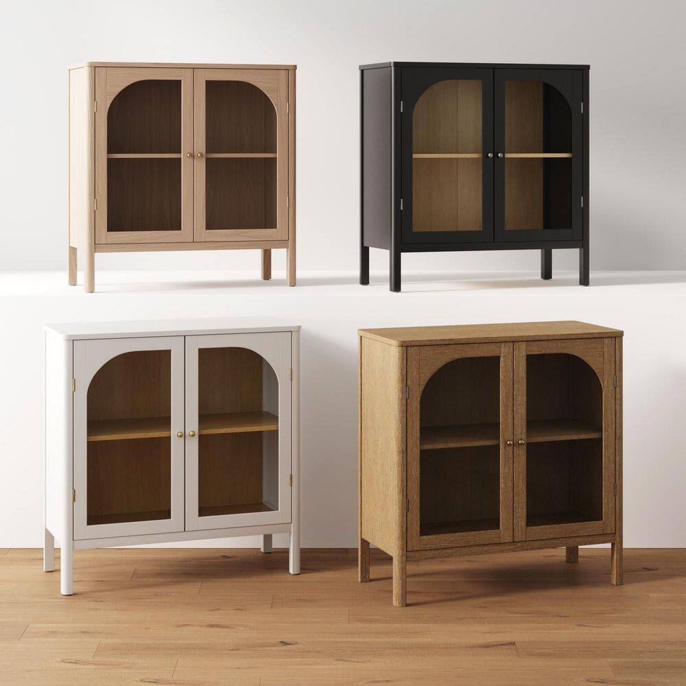 Four Mason accent cabinets shown in different color finishes: light oak, black, white, and natural wood.