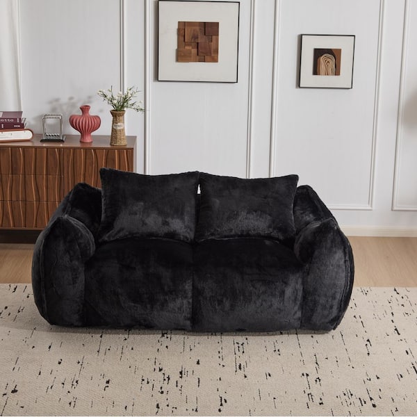 Modern Giant Black Faux Fur Polyester 2-Seat Bean Bag Couch With Pillows
