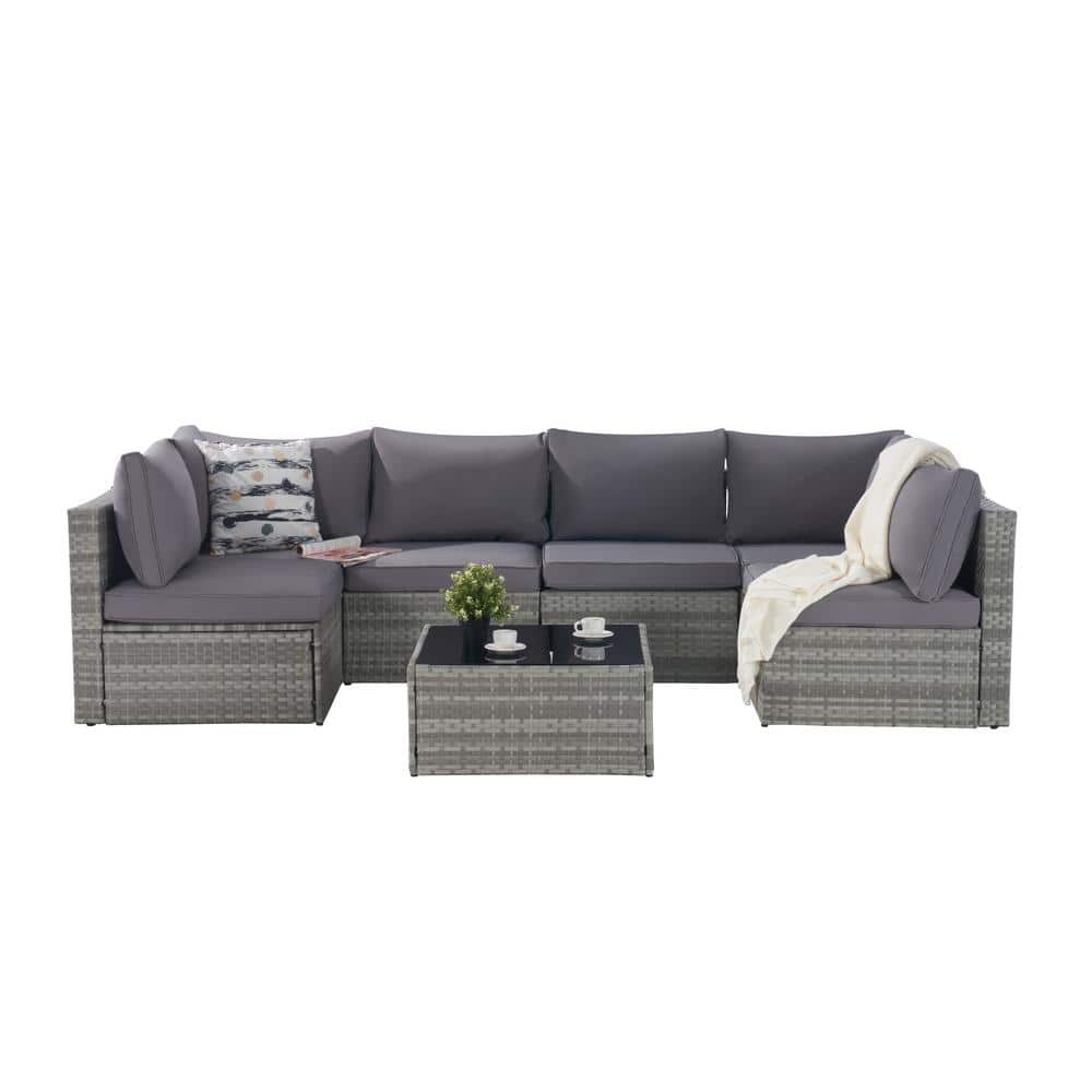 7 Pieces Mix Grey Wicker Patio Conversation Set Outdoor Complete Patio Set 