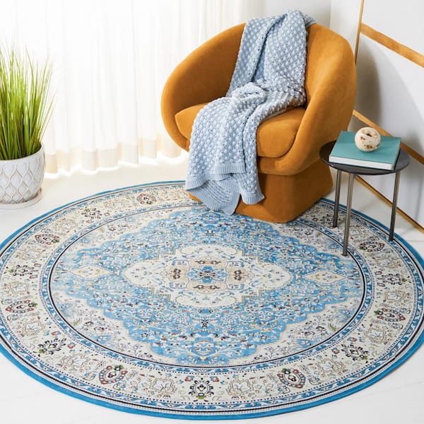 Tuscon Turquoise/Beige 6 ft. x 6 ft. Machine Washable Floral Border Round Area Rug
