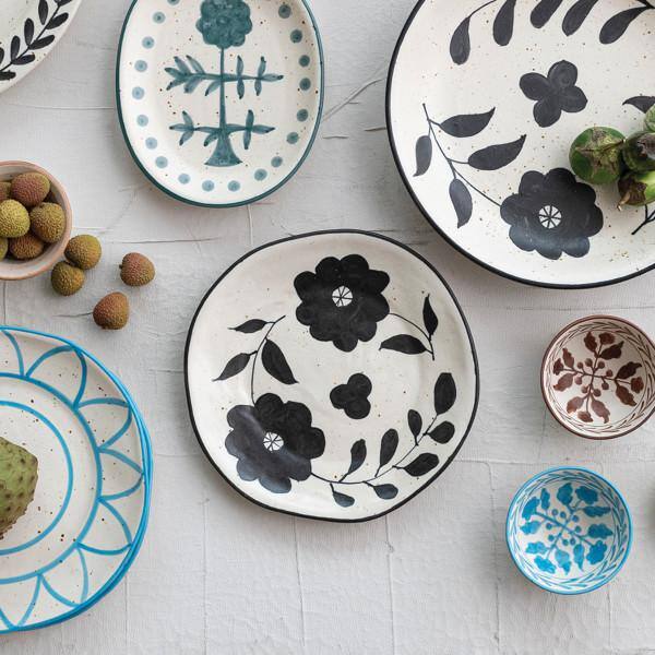Hand-Painted Black and White Ceramic Floral Appetizer Plate
