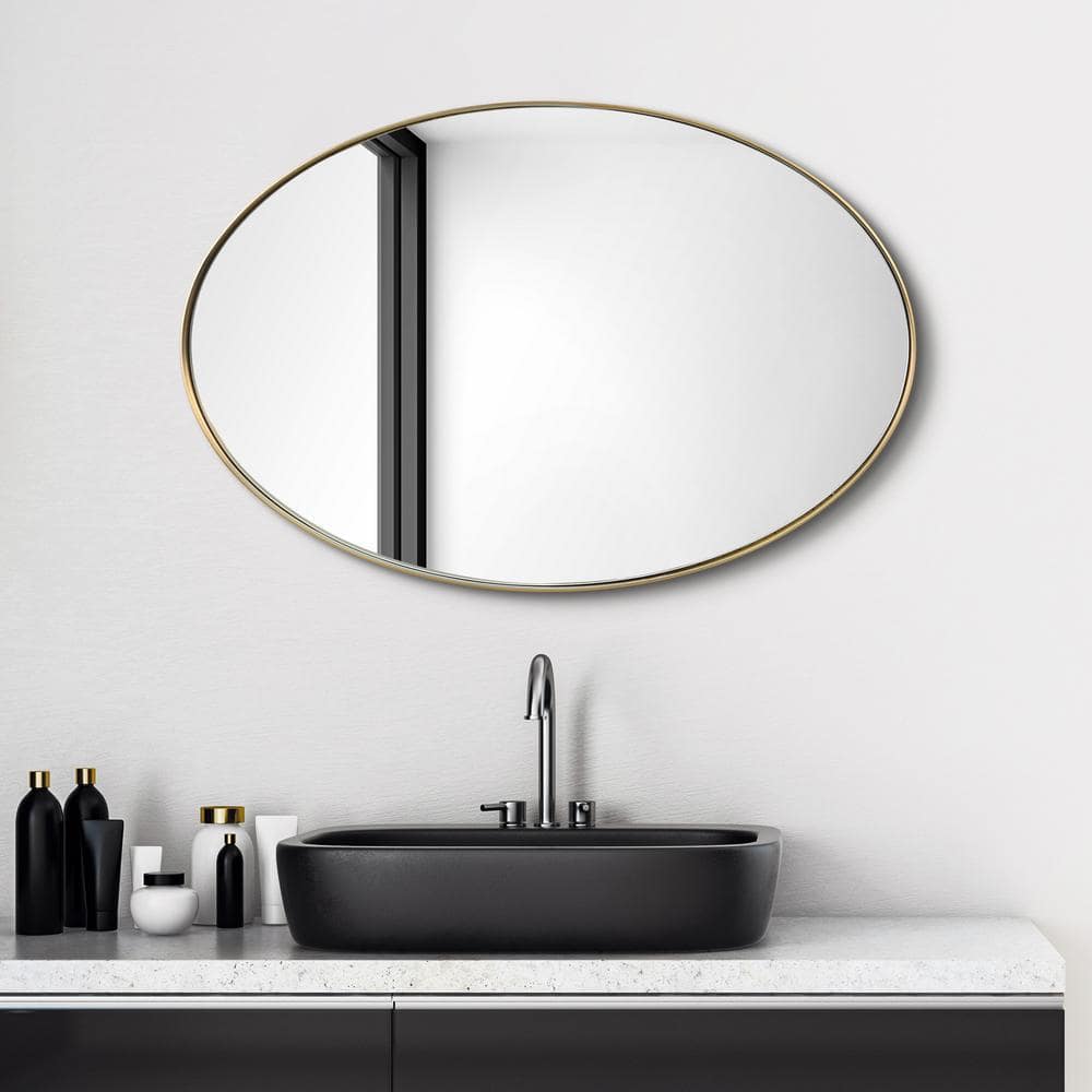Brushed Gold Oval Wall Mirror with Silver Glass, 24" x 36"