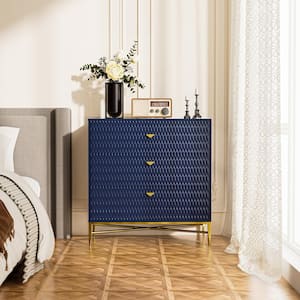 Blue 3-Drawer Wood Nightstand with Square Support Legs