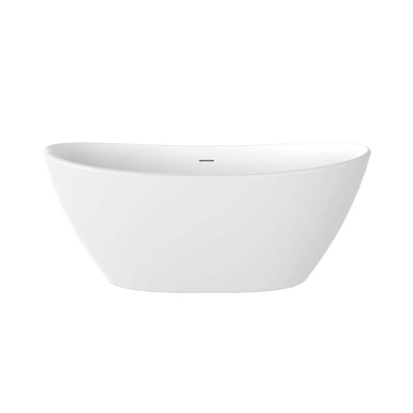 61.02 in. x 31.50 in. Flat Bottom Solid Surface Freestanding Soaking Bathtub with Center Drain in Matte White