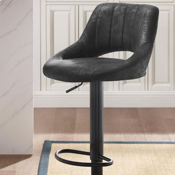 32 in. Black Low Back Metal Adjustable Height Bar Chair with Faux leather Seat Set of 2
