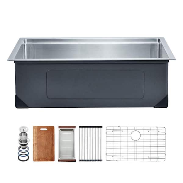 32 in. Undermount Single Bowl 16 Gauge Brushed Nikcel Stainless Steel Kitchen Sink with Drying Rack and Cutting Board