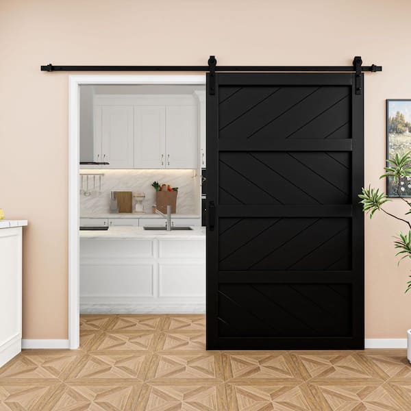 48 in. x 84 in. Black Finished 4-Lite Wave Pattern Style MDF Sliding Barn Door with Hardware Kit and Soft Close