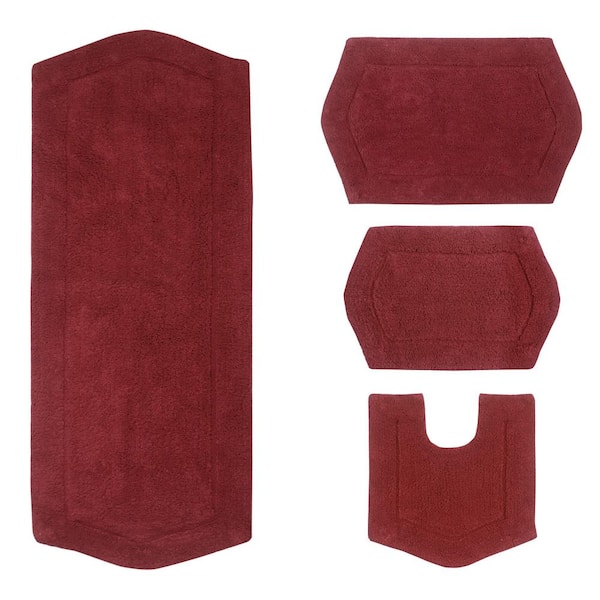 Waterford Collection 100% Cotton Tufted Non-Slip Bath Rug, 4 Piece Set, Red