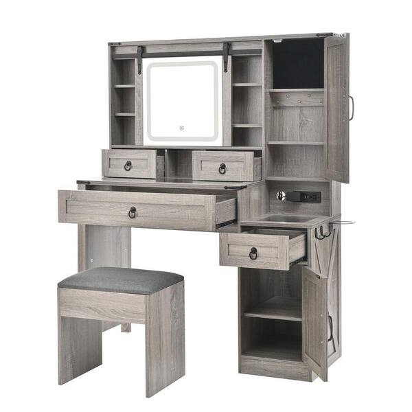 Unbranded 2-Piece Gray Makeup Vanity Set w/Sliding Mirror, Lights Charging Station 2-Cabinets 4-Drawer Dressing Table w/Glass Top XS-W1778S00019 Unbranded 2-Piece Gray Makeup Vanity Set w/Sliding Mirror, Lights Charging Station 2-Cabinets 4-Drawer Dressing Table w/Glass Top XS-W1778S00019