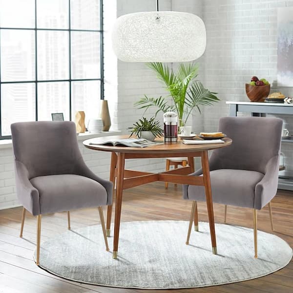 Extra Large Round Dining Table and Brass Chairs with Blue Velvet Seats -  Transitional - Dining Room