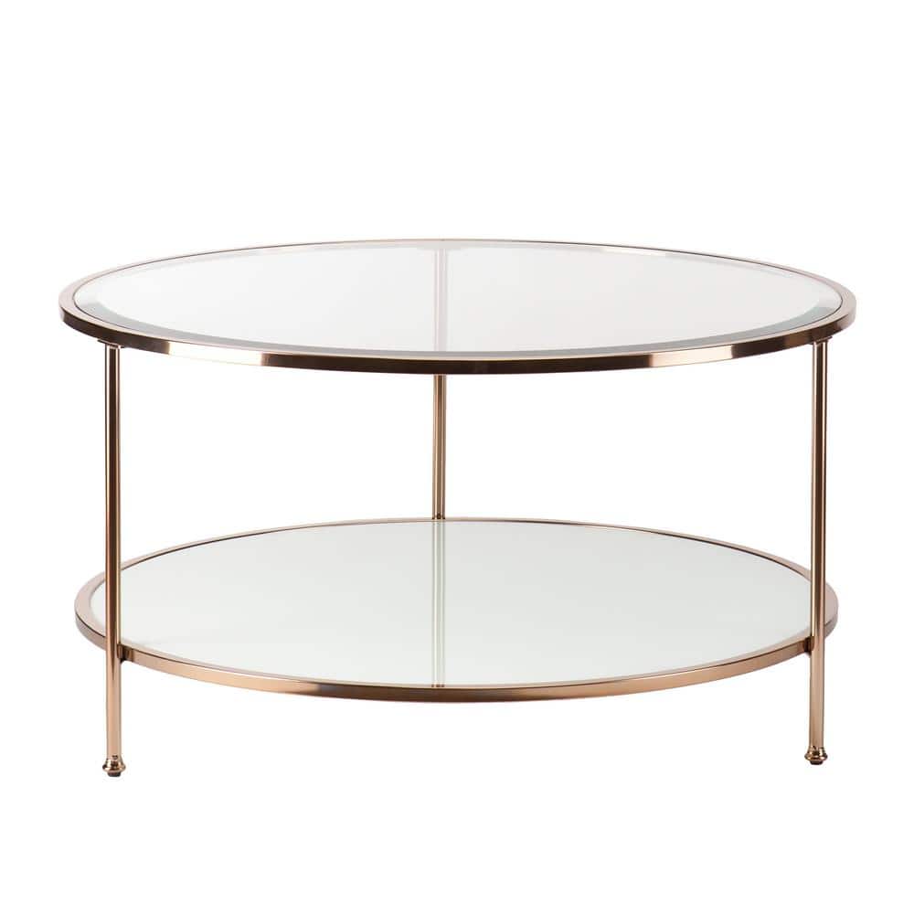 Cherlize 34 in. Metallic Gold/White Medium Oval Glass Coffee Table with Shelf price history on PriceWatchPro