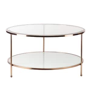 Cherlize 34 in. Metallic Gold/White Medium Oval Glass Coffee Table with Shelf