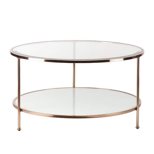 Southern Enterprises Cherlize 34 in. Metallic Gold/White Medium Oval Glass Coffee Table with Shelf