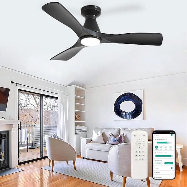 42 in. Black 3 Blade Flush Mount Low Profile Ceiling Fan with Lights Indoor Outdoor Dimmable 3 CCT Included Remote