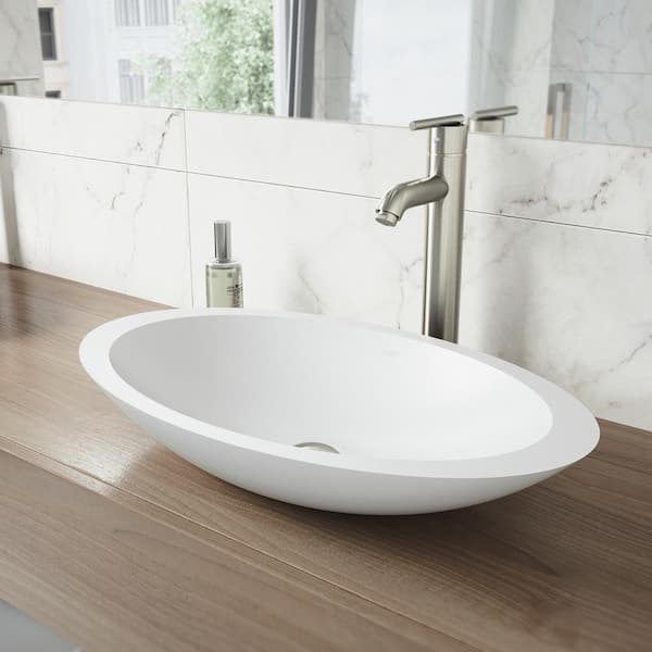 VIGO Matte Stone Wisteria Composite Oval Vessel Bathroom Sink in White with Seville Faucet and Pop-Up Drain in Brushed Nickel