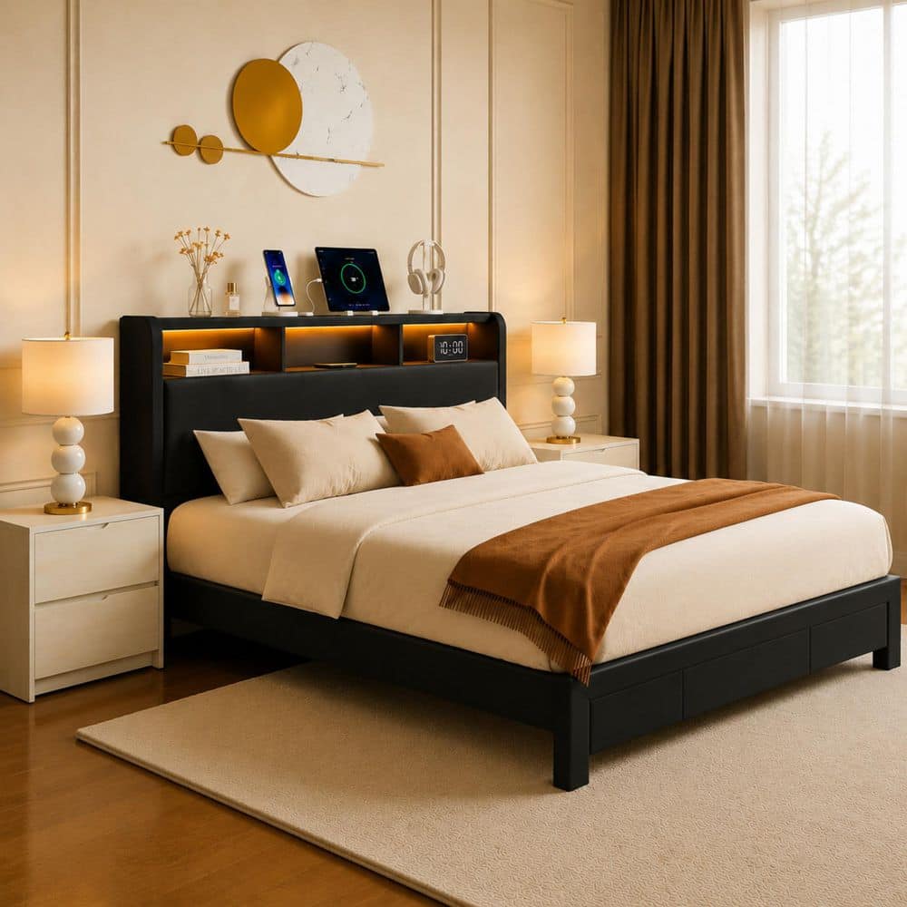 Black Metal Frame Full Size Corduroy Upholstered Platform Bed with Drawers, Storage Headboard and LED Lights price history on PriceWatchPro