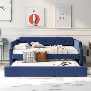 Blue Twin Size Linen Upholstered Daybed with Trundle, Twin Wood Trundle Daybed Sofa Bed for Bedroom Living Room