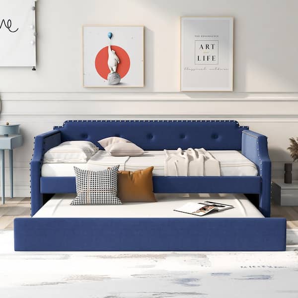 Blue Twin Size Linen Upholstered Daybed with Trundle, Twin Wood Trundle Daybed Sofa Bed for Bedroom Living Room